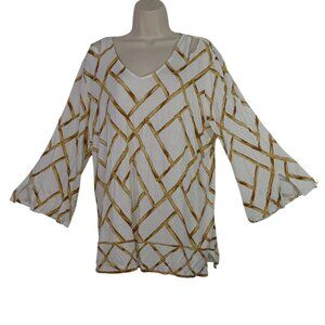 Chico's Women's White and Gold Geometric Top Tunic Stretchy Sz 3 XL